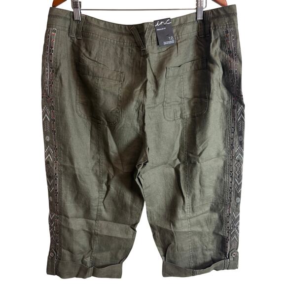 INC International Concepts Pants - INC International Concept Linen Capri Pants Women 18 Olive Green Beaded Trim New